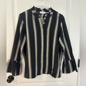Calvin Klein Womens Black & White Striped Button Up Shirt Bell Sleeve Size Large